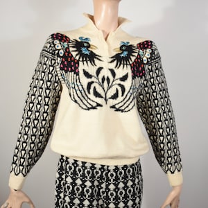 KANSAI YAMAMOTO sweater, 80s kansai yamamoto, bird sweater, vintage knit, vintage wool sweater, 80s sweater, 80's knit, wool knit, metallic image 1