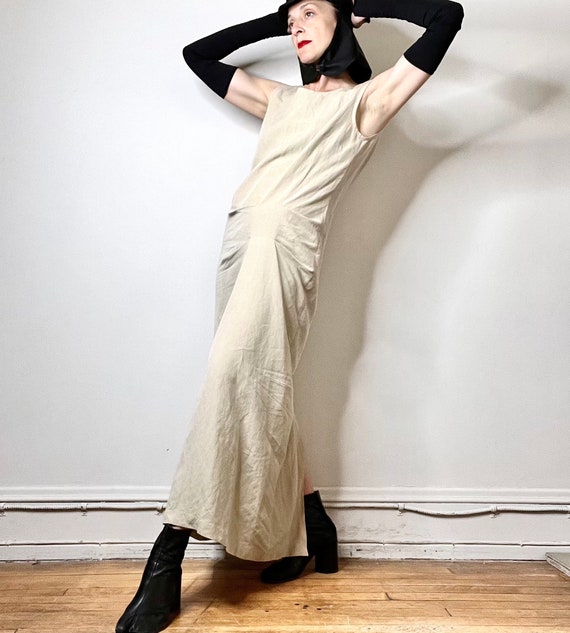 90s dress vintage dress linen maxi dress khaki av… - image 3