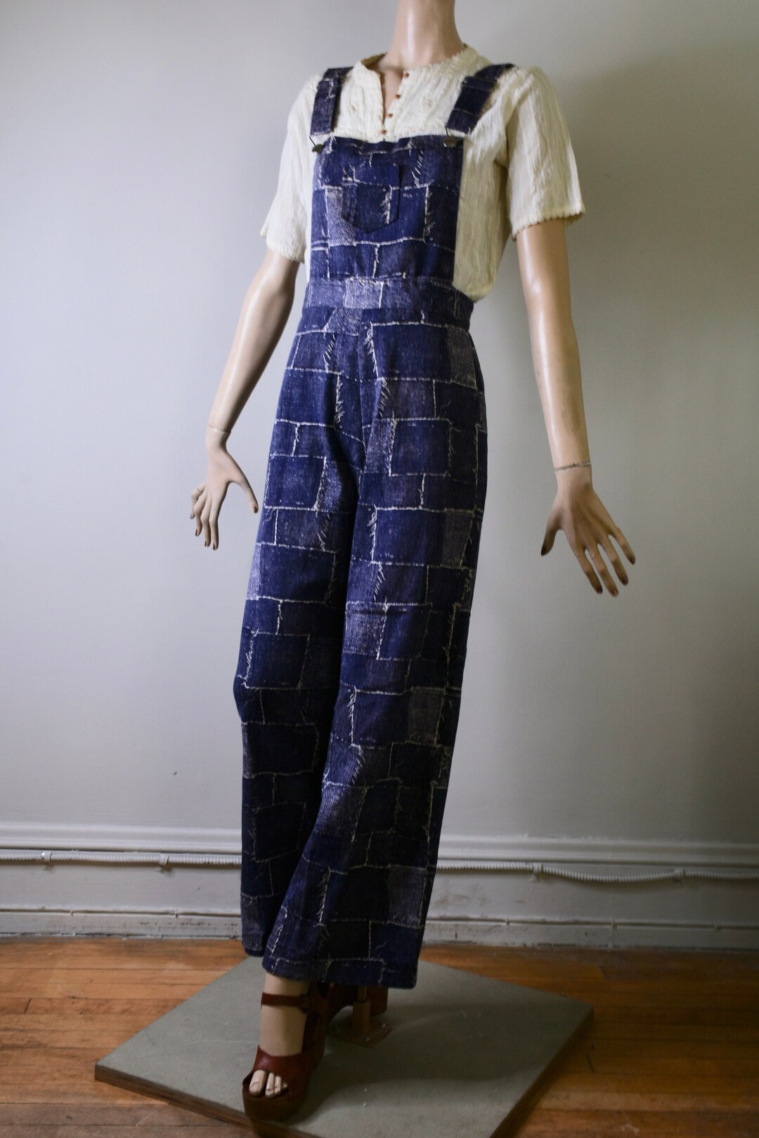 Vintage Overalls, 70s Overalls, Patchwork, Novelty Print, Novelty