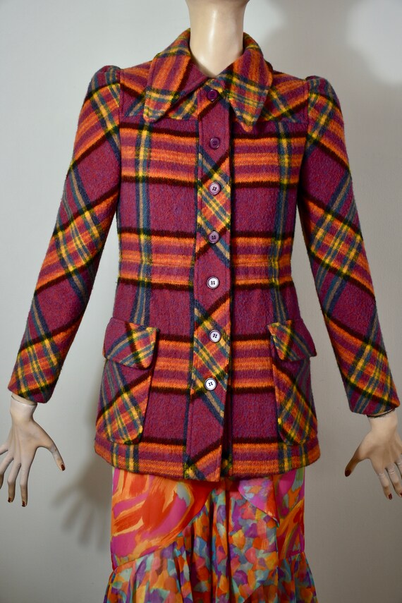 vintage plaid wool coat, 70s plaid coat, rainbow c