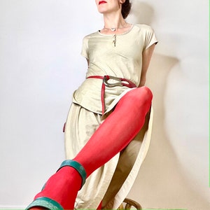 vintage HALSTON V, cotton skirt set, 70s dress, vintage skirt set, 70s top, 70s skirt, khaki dress, raglan cap sleeve 70s disco A line skirt