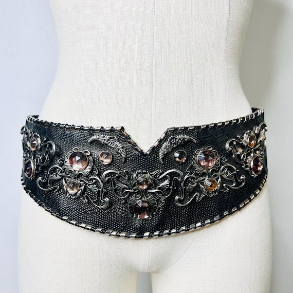 vintage 80s belt, jeweled belt, studded rhinestone belt, waist cincher, corset belt, statement belt, metal belt, biker belt, jose cotel