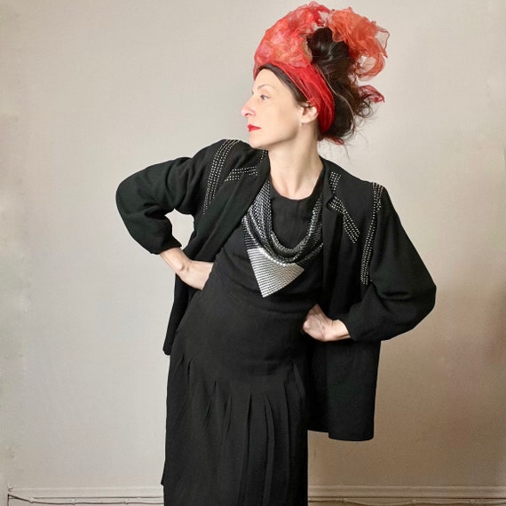 vintage 40s studded jacket, black wool jacket, vi… - image 2