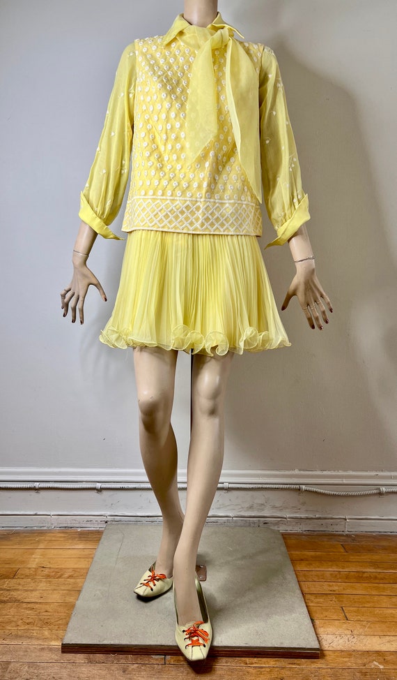 vintage 60s 70s yellow sheer chiffon embroidered … - image 6