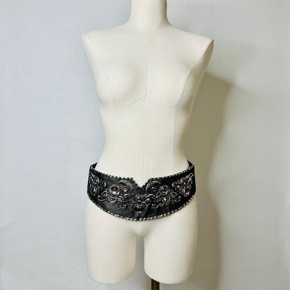 vintage 80s belt, jeweled belt, studded rhinestone belt, waist cincher, corset belt, statement belt, metal belt, biker belt, jose cotel View 2