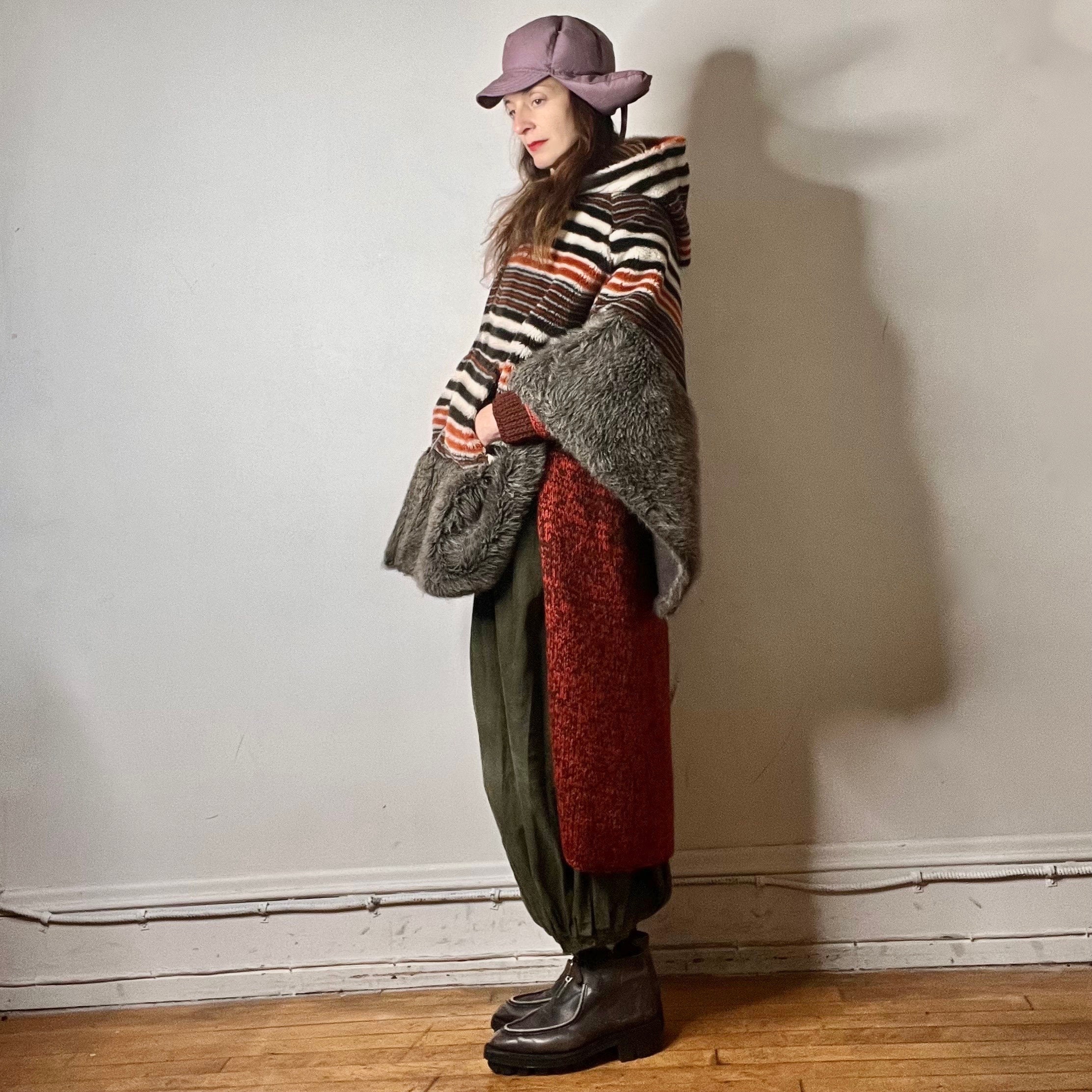 Vintage 60s Faux Fur Cape Poncho Coat Jacket, Hooded Cape Coat