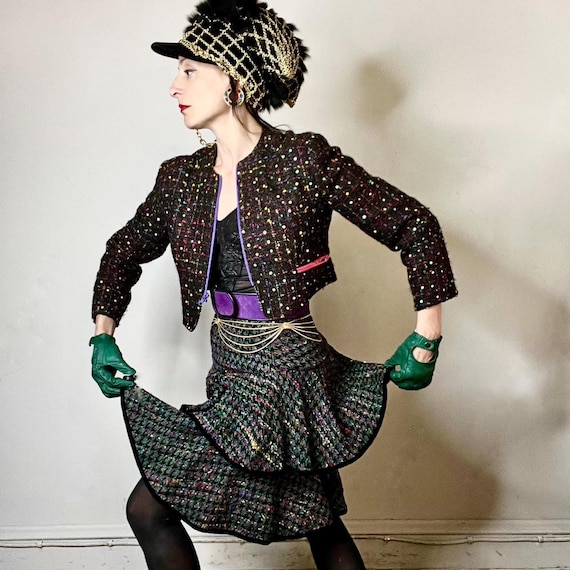 Geoffrey Beene, 80s jacket, Geoffrey BEENE jacket, Saks Fifth Ave, vintage Saks, sequin tweed jacket, zipper jacket, cropped rainbow jacket, confetti jacket
