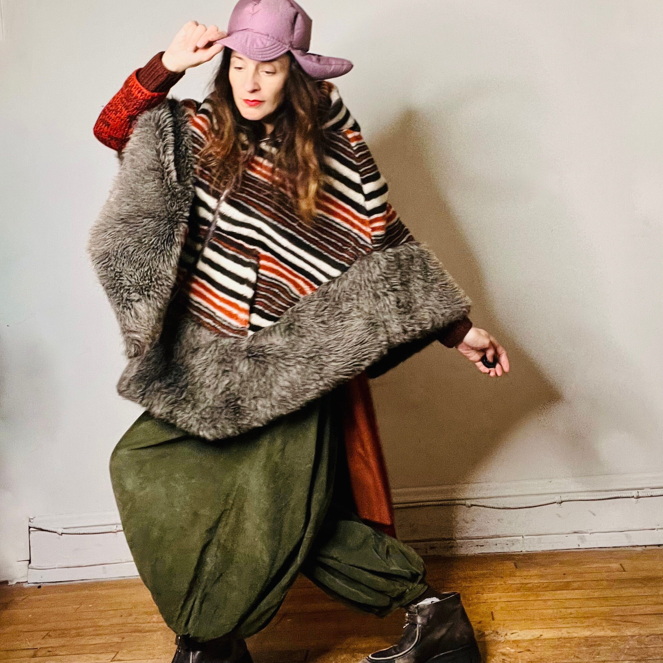 Vintage 60s Faux Fur Cape Poncho Coat Jacket, Hooded Cape