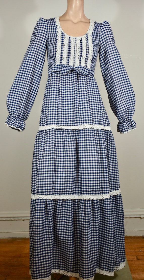 vintage gingham dress, 70s maxi dress, prairie dre
