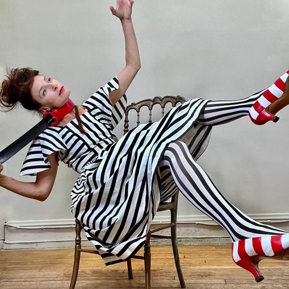 80s Dress, Full Skirt Dress, Cotton Dress, Striped Dress, Flutter