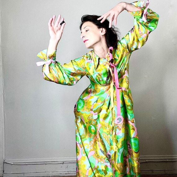 60s style maxi dresses 60s Floral Chenille Maxi Dress | S