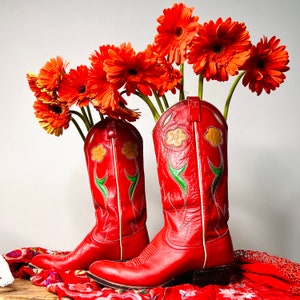 vintage cowboy boots, Ralph Lauren boots, flower boots, red boots, 80s boots, western boots, 70s boots, leather boots, 7 , 8 image 1