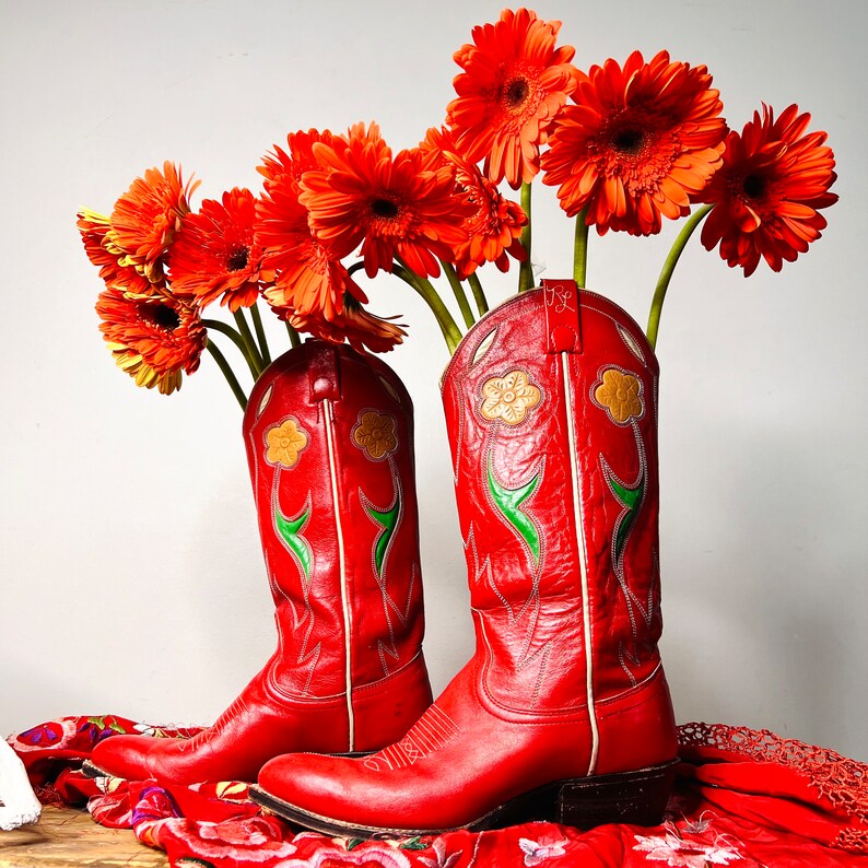 vintage cowboy boots, Ralph Lauren boots, flower boots, red boots, 80s boots, western boots, 70s boots, leather boots, 7 , 8 image 1