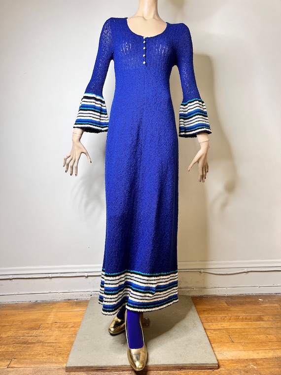 Vintage Knit Dress, 70s Dress, Maxi Dress, Blue Dress, Striped Dress, Bell Sleeves, Nubbly Knit, Boho Dress, 70s Knit, Wool Dress, Sweden