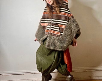 Vintage 60s Faux Fur Cape Poncho Coat Jacket, Hooded Cape Coat