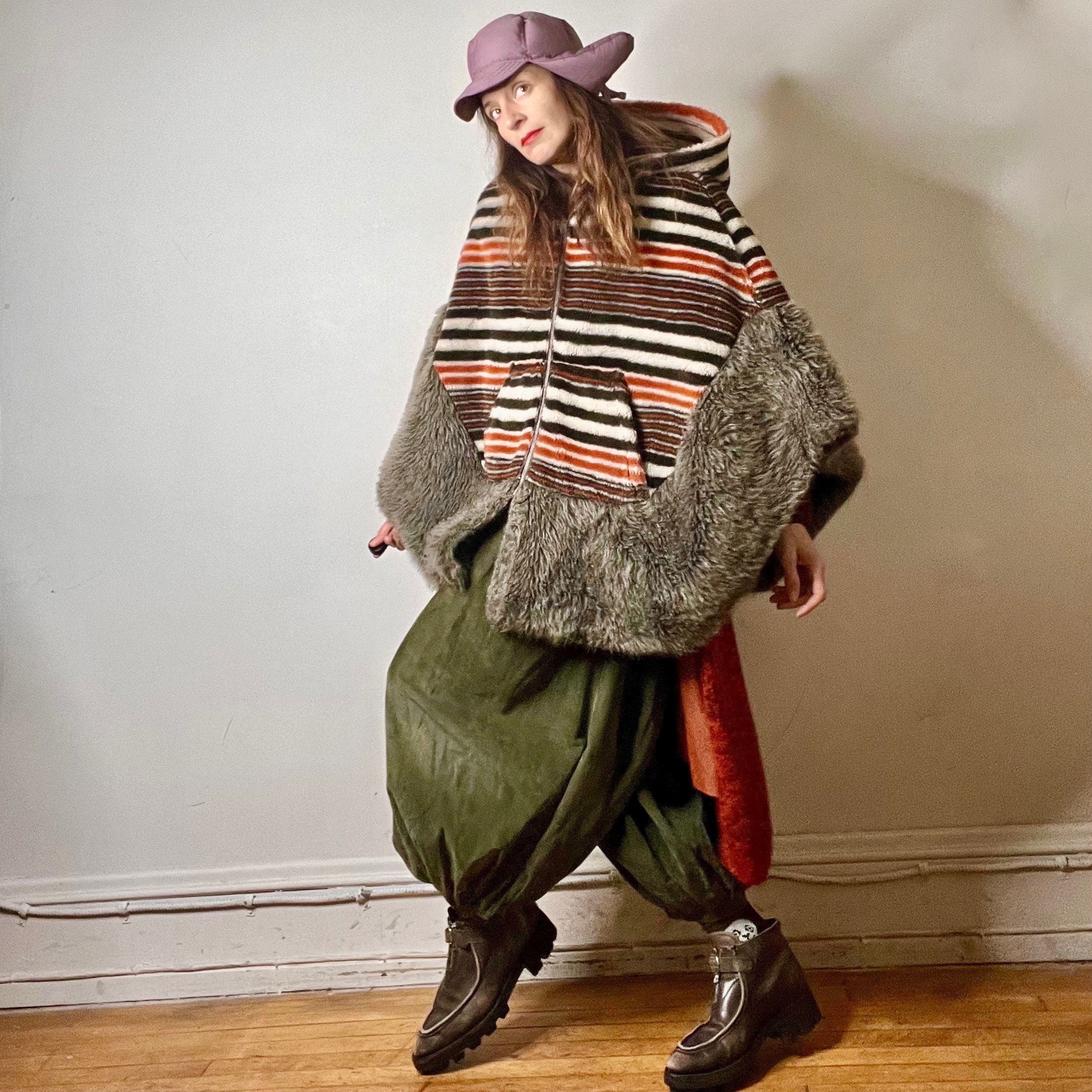 Vintage 60s Faux Fur Cape Poncho Coat Jacket, Hooded Cape Coat