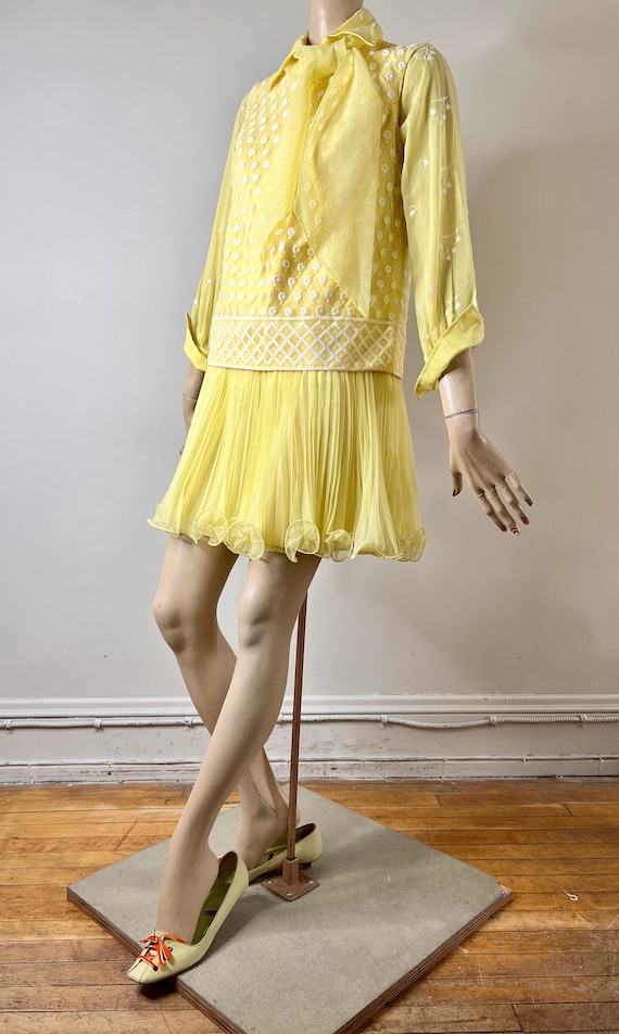 vintage 60s 70s yellow sheer chiffon embroidered … - image 7