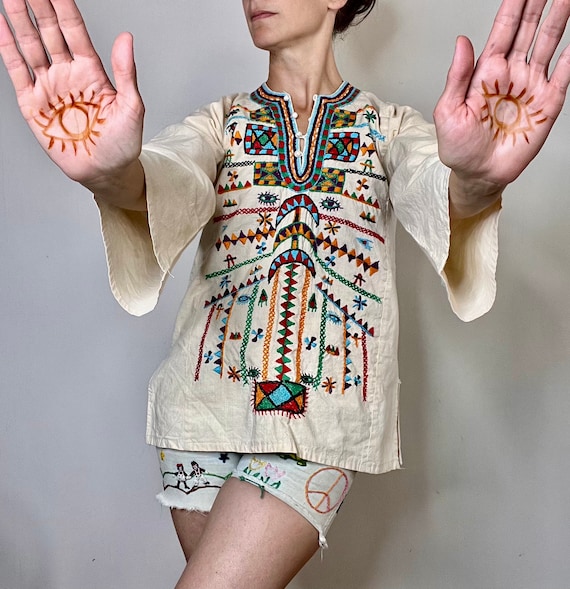 Vintage Embroidered Shirt, Cotton Tunic Top, Folk, Hippie