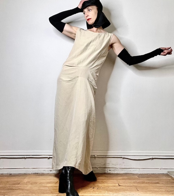 90s dress vintage dress linen maxi dress khaki av… - image 1