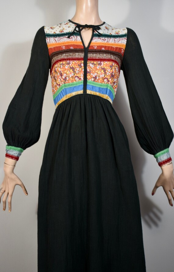 vintage 70s patchwork dress, gauze 70s dress, 70s
