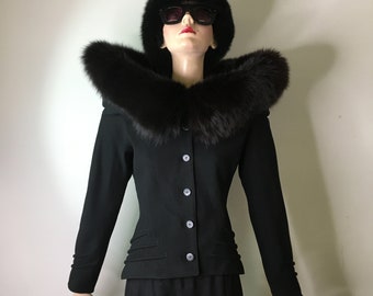 vintage 80s jacket, fur jacket, France jacket, 40s style jacket, wool crepe jacket, stand collar, fitted jacket, black jacket, suit jacket