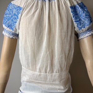 vintage 20s 30s embroidered Hungarian peasant smocked shirt top blouse white blue floral cotton sheer gauze folk bohemian hippie shirt image 8