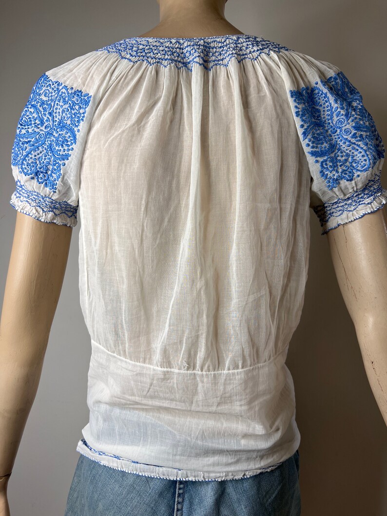 vintage 20s 30s embroidered Hungarian peasant smocked shirt top blouse white blue floral cotton sheer gauze folk bohemian hippie shirt image 8