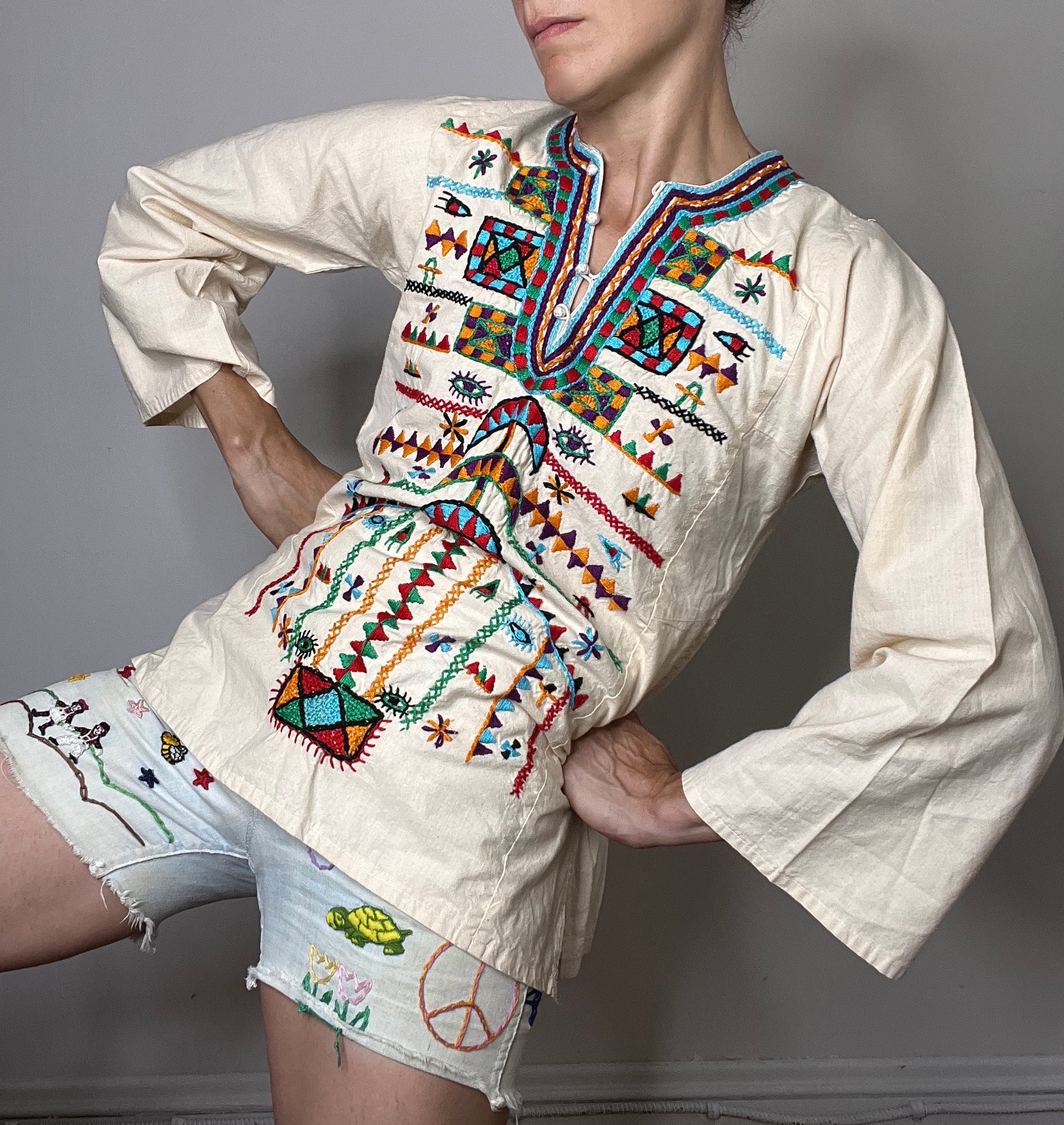 Vintage Embroidered Shirt, Cotton Tunic Top, Folk, Hippie