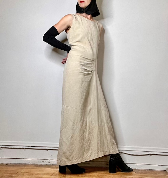 90s dress vintage dress linen maxi dress khaki av… - image 9