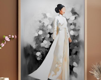Vietnamese Ao Dai Modern Black and White Geometric Vertical Poster, Vietnam Traditional Dress Decor Gift, Wedding Viet