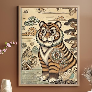 Carteles verticales de arte popular, folclore del tigre Minhwa coreano, decoración de sala de juegos infantil con dibujos animados lindos, regalo de Corea del Sur