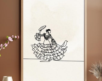 Póster vertical de dibujo de línea continua de traje de flamenca español, princesa en blanco y negro, regalo de decoración tradicional española, descarga digital