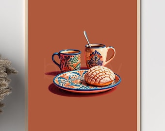 Impresión retro de arte pop moderno de pan dulce concha mexicana, póster vertical de pared, café cafecito, decoración de cocina para el hogar, panadería, estilo preppy y moderno