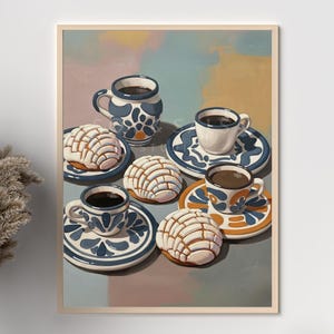 Mexican Pan Dulce Concha Modern Abstract Oil Painting Style Print, Vertical Wall Poster, Cafecito Coffee, Neutral Trendy Home Kitchen Decor