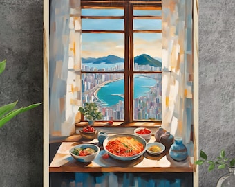Impresión de pintura sobre ventana de Busan: Corea del Sur, bibimbap, soju, makgeolli, obra de arte de barbacoa coreana, Budae jjigae, estilo abstracto de Matisse