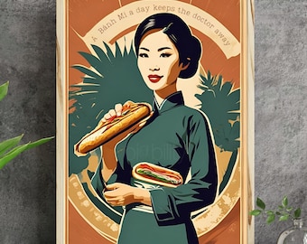 Póster de propaganda de Banh Mi, póster geométrico colorido, decoración de vestido tradicional de Vietnam, pintura abstracta Ao Dai, regalo vietnamita americano