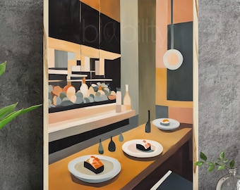 Impresión de arte de pared con cena japonesa Omakase, regalo de pintura abstracta japonesa-estadounidense, póster vertical, abanico de pescado Kaiseki de sushi de Osaka, Kioto y Tokio