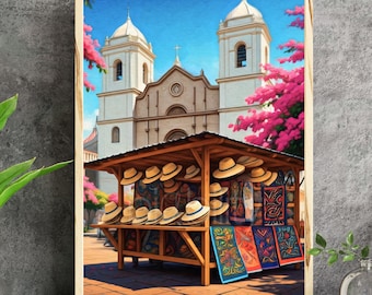 Casco Viejo Panamá Mola Stand Póster vertical, Pintura al óleo abstracta colorida, Panamá Colombia Americana Decoración tradicional Regalo Casco Viejo