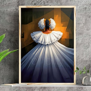 Può includere: Stampa artistica incorniciata raffigurante una donna in abito bianco con colletto a balze, vista da dietro. I suoi capelli sono adornati da fiori bianchi. Lo sfondo presenta forme geometriche nei toni dell'arancione e del marrone.