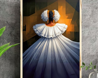 Impresión de pintura abstracta geométrica oscura de Panamá Pollera, póster vertical de baile blanco neutro, regalo de decoración de vestido tradicional panameño americano