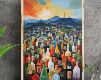 Impresión de pintura de edificios con botellas de soju en Seúl: ventana a Corea del Sur, bibimbap, makgeolli, barbacoa coreana, estilo abstracto de Matisse, Torre N