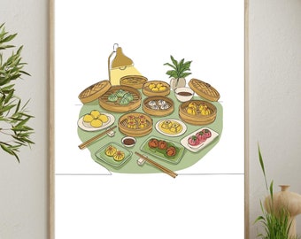 Póster vertical con dibujo de línea continua de mesa de dim sum, en blanco y negro, regalo de decoración tradicional asiático-estadounidense, póster de arte moderno chino