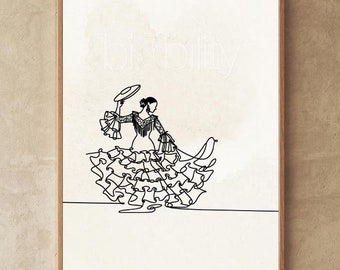 Póster vertical con dibujo lineal continuo de vestido de flamenco español, princesa Disney en blanco y negro, regalo de decoración de vestido tradicional español