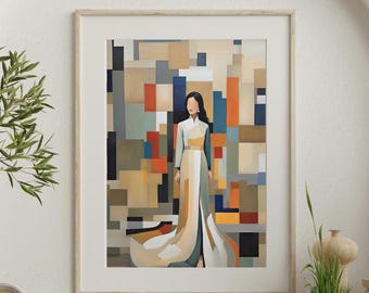 Póster geométrico moderno y colorido de Ao Dai vietnamita, impresión abstracta con decoración de vestido tradicional vietnamita, descarga digital para ceremonia de boda blanca