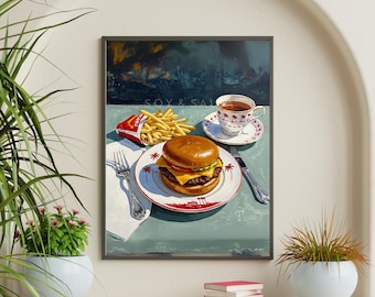 Lámina de vino de alta cocina de California Burger, arte mural de California, estilo de pintura al óleo vertical de comida, póster moderno y elegante de papas fritas de comida rápida.