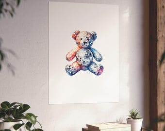 Impresión artística de osito de discoteca para bebé, póster de arte de pared para guardería, animal de peluche con bola de discoteca glamorosa, decoración linda y moderna para el hogar y la cocina