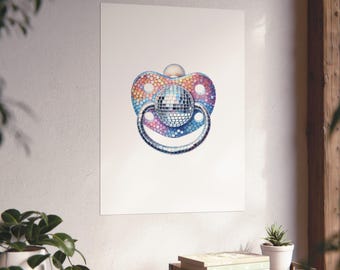 Impresión artística de chupete de bebé de discoteca, póster de arte de pared para guardería, bebida de bola de discoteca glamurosa, decoración de cocina para el hogar de moda preppy Y2K
