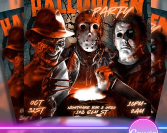 May include: Halloween party invitation featuring three horror movie characters: Freddy Krueger, Jason Voorhees, and Michael Myers. The invitation includes the date, time, and location of the party: October 31st, 10pm-2am, Nightmare Bar & Grill, 123 Elm St.