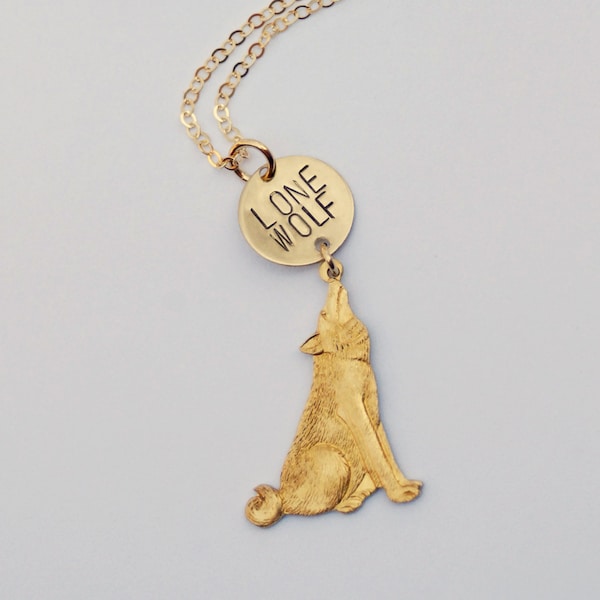 Lone Wolf Stamped Necklace with Wolf Charm