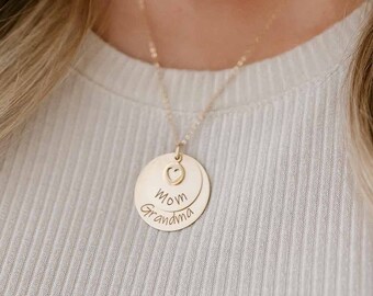 Mother's Day Necklace for Mom or Grandma, Personalized Round Pendant, Grandmother Necklace, Custom Gift for Her, 14K Gold Filled Jewelry